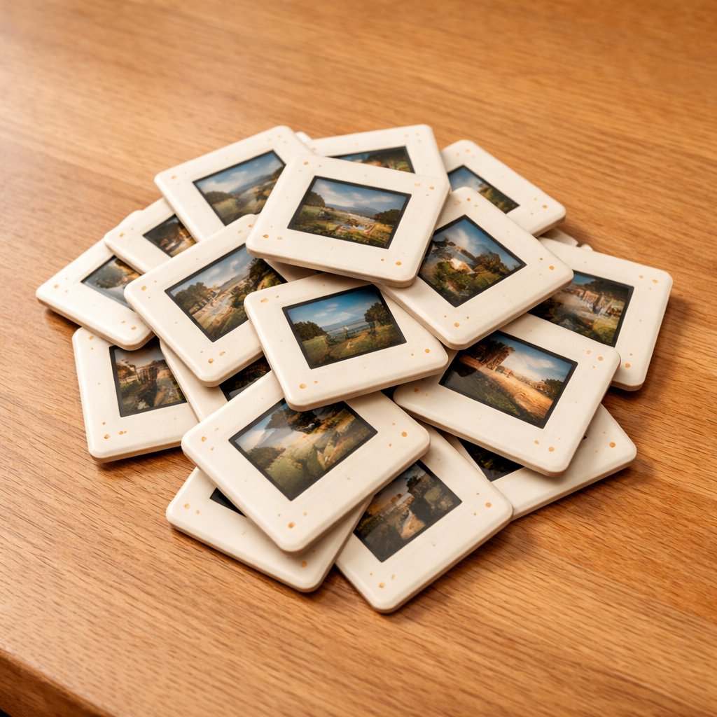 Tas de diapositives sur table en bois