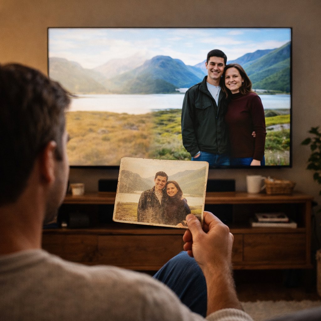 Personne regarde une photo digitalisée sur TV