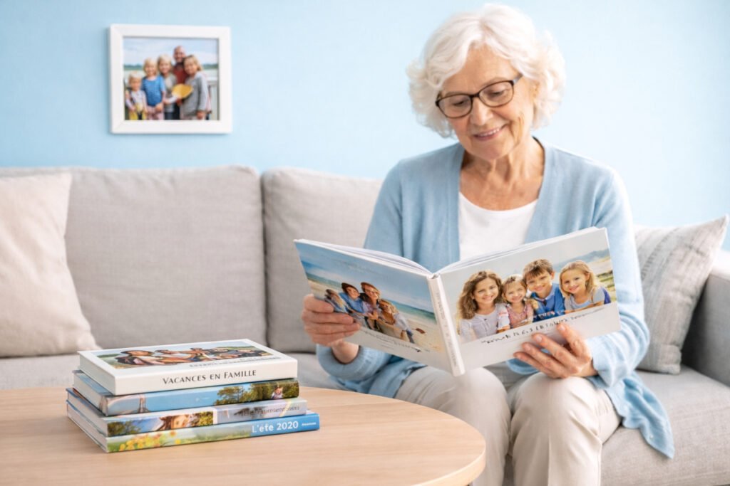 Grand mère regarde un livre photos personalisé