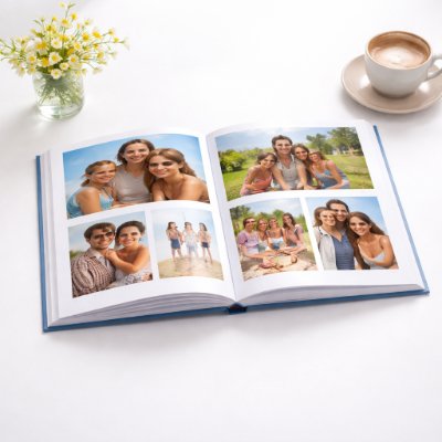 Livre photo ouvert posé sur une table
