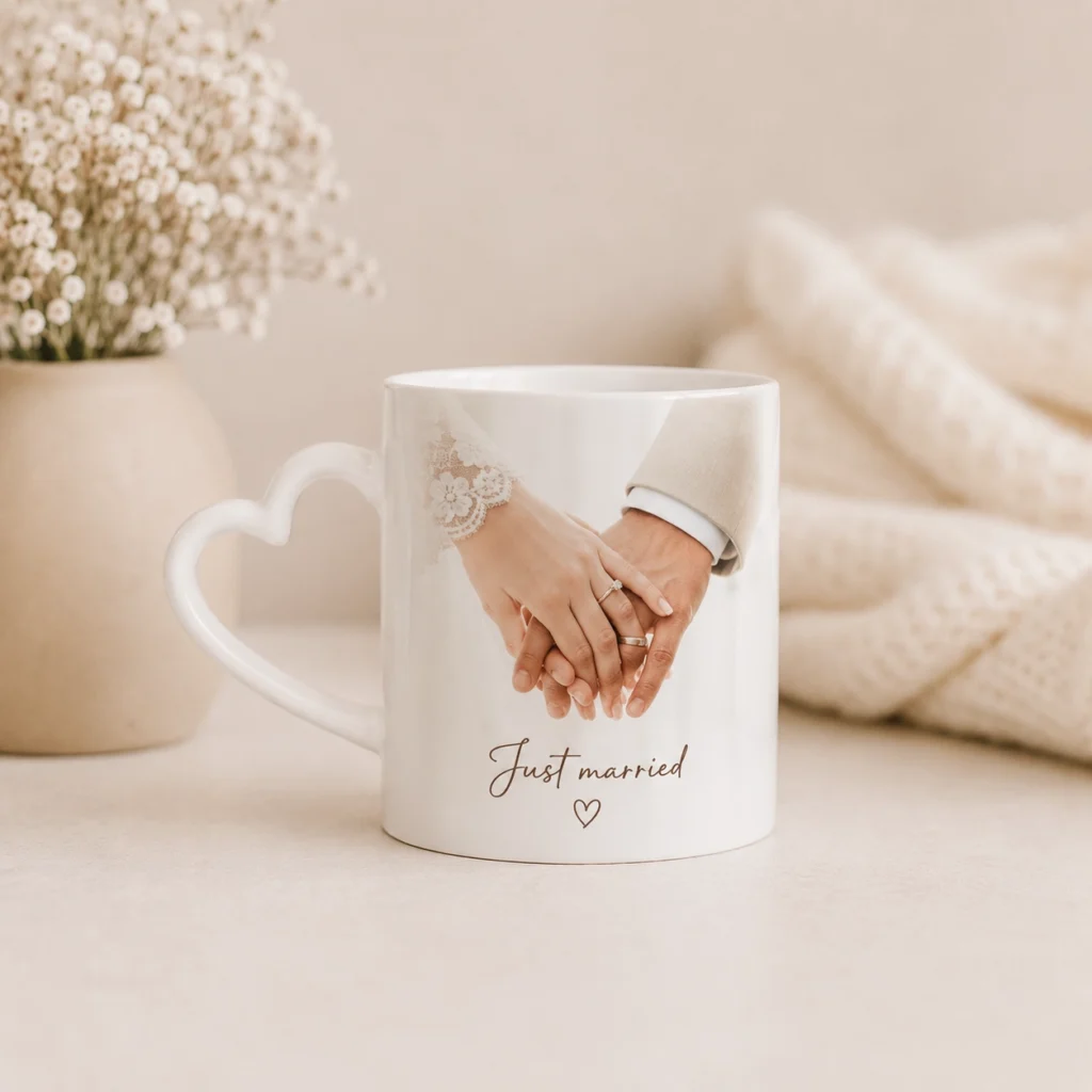 Tasse personnalisée avec anse cœur et photo souvenir